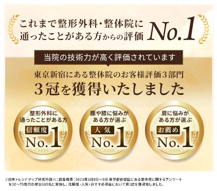 初台にある当院の整体技術は信頼度、人気、お薦めでNo.1を獲得しました